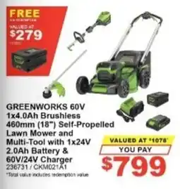 Total Tools Greenworks 60V 1x4.0Ah Brushless 460mm (18") Self-Propelled Lawn Mower and Multi-Tool with 1x24V 2.0Ah Battery offer