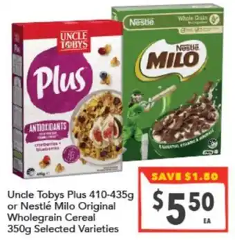 Uncle Tobys Plus or Nestlé Milo Original Wholegrain Cereal