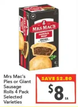 Supa Valu Mrs Mac's Pies or Giant Sausage Rolls offer
