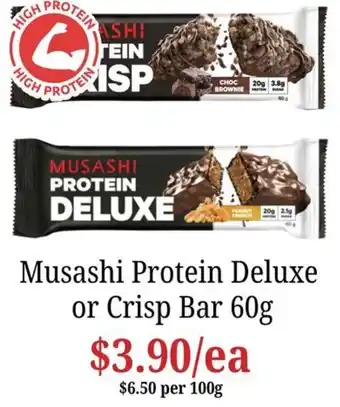 Farmer Jack's Musashi Protein Deluxe or Crisp Bar offer