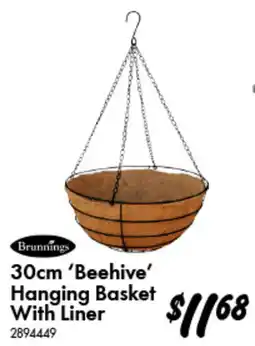 Bunnings Brunnins 30cm 'Beehive' Hanging Basket With Liner offer