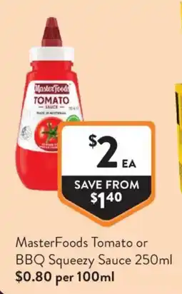 Foodworks MasterFoods Tomato or BBQ Squeezy Sauce offer