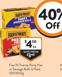 Foodworks Four'n Twenty Party Pies or Sausage Rolls offer