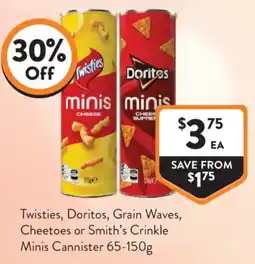 Foodworks Twisties Doritos Grain Waves Cheetoes Smith's Crinkle Minis Cannister offer