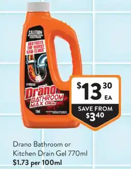 Foodworks Drano Bathroom or Kitchen Drain Gel offer