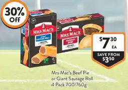 Foodworks Mrs Mac's Beef Pie or Giant Sausage Roll offer