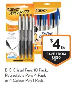 Foodworks BIC Cristal Pens 10 Pack, Retractable Pens 4 Pack or 4 Colour Pen 1 Pack offer
