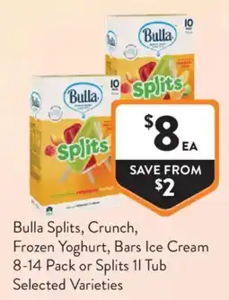 Foodworks Bulla Splits, Crunch, Frozen Yoghurt, Bars Ice Cream offer