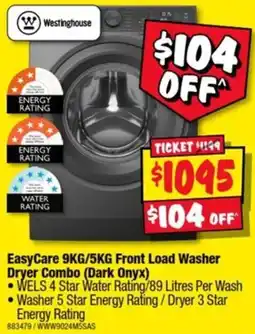 JB Hi-Fi Westinghouse EasyCare 9KG/5KG Front Load Washer Dryer Combo (Dark Onyx) offer