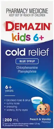 Pharmacy Best Buys Demazin Kids 6 + Cold Relief Peach & Vanilla Flavour offer