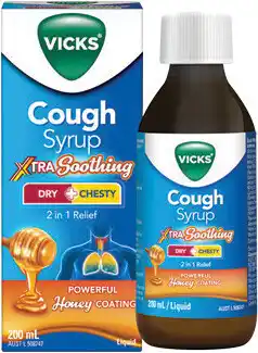 Amcal Pharmacies NEW Vicks Cough Syrup Xtra Soothing Dry + Chesty offer
