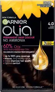 Amcal Pharmacies Garnier Olia 4.0 Dark Brown Permanent Hair Colour No Ammonia 60% Oils offer