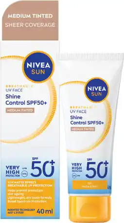 Priceline Nivea Sun Breathable UV Face Shine Control SPF50+ Medium Tinted Sheer Coverage offer
