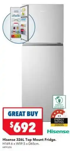 Harvey Norman Hisense 326L Top Mount Fridge offer