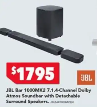 JBL Bar 1000MK2 7.1.4-Channel Dolby Atmos Soundbar with Detachable Surround Speakers