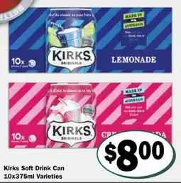 Friendly Grocer Kirks Soft Drink Can 10x375ml Varieties offer