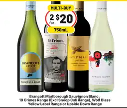 IGA Liquor Brancott Marlborough Sauvignon Blanc, 19 Crimes Range, Wolf Blass Yellow Label Range or Upside Down Range offer
