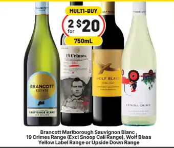 Brancott Marlborough Sauvignon Blanc, 19 Crimes Range, Wolf Blass Yellow Label Range or Upside Down Range