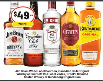 Jim Beam White Label Bourbon, Canadian Club Original Whisky or Smirnoff Red Label Vodka, Grant's Blended Scotch Whisky