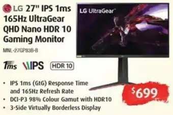 Leader Computers LG 27" IPS 1ms 165Hz UltraGear QHD Nano HDR 10 Gaming Monitor offer