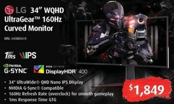 Leader Computers LG 34" WQHD UltraGear 160Hz Curved Monitor offer