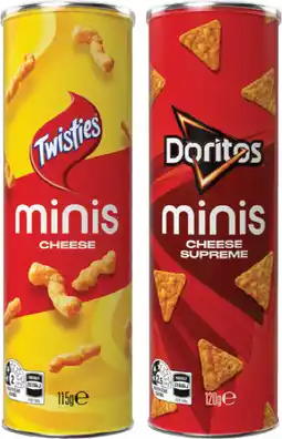 IGA Twisties Cheese 115g or Doritos Cheese Supreme 120g Minis Canister offer
