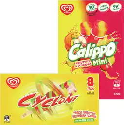 IGA Streets Calippo Mini 10 Pack or Cyclone Ice Block 8 Pack Selected Varieties offer