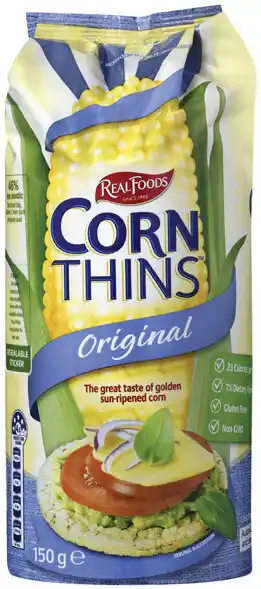 Real Foods Corn Thins or Rice Thins 125‑150g Selected Varieties