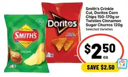 Ritchies Smith's Crinkle Cut Doritos Corn Chips or Twisties Cinnamon Sugar Churros offer