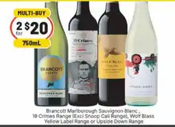 Ritchies Brancott Marlborough Sauvignon Blanc, 19 Crimes Range, Wolf Blass Yellow Label Range or Upside Down Range offer