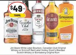 Ritchies Jim Beam White Label Bourbon, Canadian Club Original Whisky or Smirnoff Red Label Vodka, Grant's Blended Scotch Whisky offer