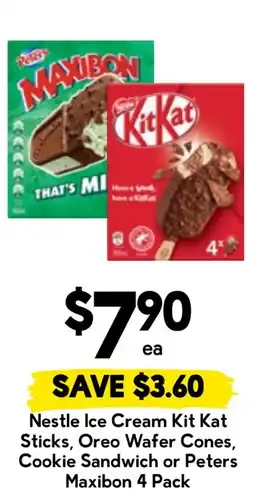 Drakes Nestle Ice Cream Kit Kat Sticks, Oreo Wafer Cones, Cookie Sandwich or Peters Maxibon 4 Pack offer