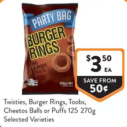 Foodworks Twisties, Burger Rings, Toobs, Cheetos Balls or Puffs offer