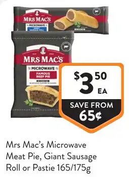 Foodworks Mrs Mac's Microwave Meat Pie, Giant Sausage Roll or Pastie offer
