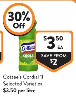Foodworks Cottee's Cordial 1l Selected Varieties offer