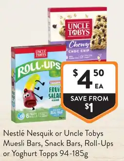 Foodworks Nestlé Nesquik or Uncle Tobys Muesli Bars, Snack Bars, Roll-Ups or Yoghurt Topps offer