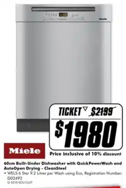 The Good Guys Miele 60cm Built-Under Dishwasher with QuickPowerWash and AutoOpen Drying - CleanSteel offer
