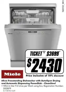 The Good Guys Miele 60cm Freestanding Dishwasher with AutoOpen Drying and Automatic Dispensing PowerDisk - CleanSteel offer