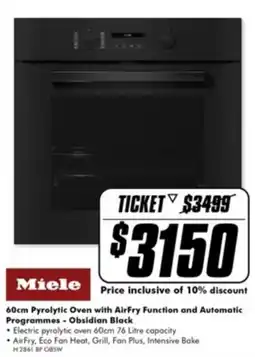 The Good Guys Miele 60cm Pyrolytic Oven with AirFry Function and Automatic Programmes - Obsidian Black offer