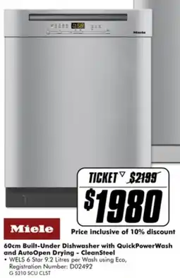 The Good Guys Miele 60cm Built-Under Dishwasher with QuickPowerWash and AutoOpen Drying - CleanSteel offer