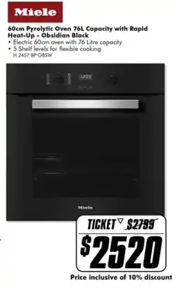 The Good Guys Miele 60cm Pyrolytic Oven 76L Capacity with Rapid Heat-Up Obsidian Black offer