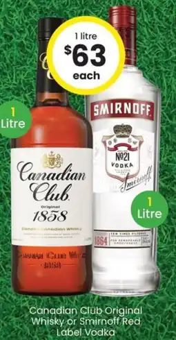 The Bottle O Canadian Club Original Whisky or Smirnoff Red Label Vodka offer