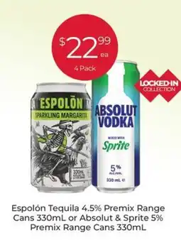 Porters Espolón Tequila 4.5% Premix Range Cans or Absolut & Sprite 5% Premix Range Cans offer