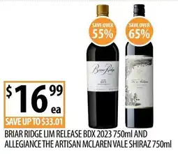 Supabarn Briar Ridge Lim Release BDX 2023 and Allegiance The Artisan McLaren Vale Shiraz offer