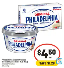 IGA Philadelphia Cream Cheese Block or Spreadable Tub offer