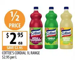 Supabarn Cottee's Cordial 1L Range offer
