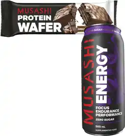 Coles Musashi Energy Drink 500mL or Protein Wafer Bar 40g offer