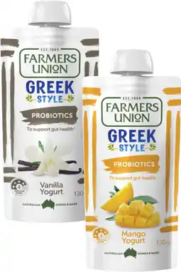 Coles Farmers Union Greek Style or No Added Sugar Kids Yogurt Pouch 130g offer