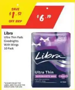 Chemist Outlet Libra Ultra Thin Pads Goodnights With Wings offer