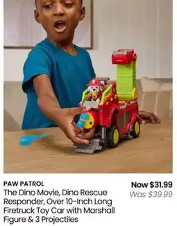 Myer PAW PATROL The Dino Movie, Dino Rescue Responder, Over 10-Inch Long Firetruck Toy Car with Marshall Figure & 3 Projectiles offer